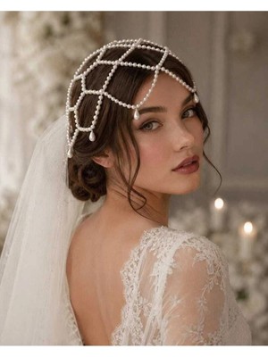 Ravinity Vintage Gelin Saç Aksesuarı, Krem Inci Taç, Incili Nikah Tacı
