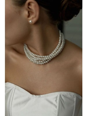 Ravinity Beyaz Renk 5 Sıra Choker Inci Kolye Gelin Aksesuarı