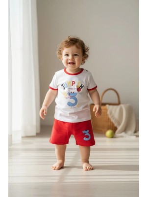 Bb Kids %100 Pamuklu Erkek Bebek Şortlu Takım Kırmızı Beyaz Baskılı Yazlık İkili Takım