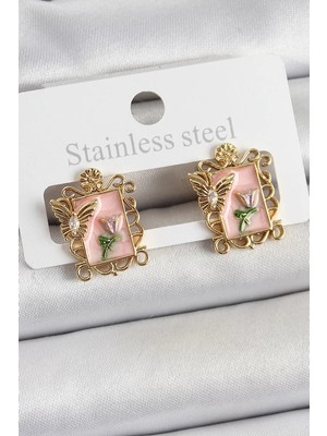 Aydogan's Pirinç Pembe Mineli Sanatsal Portre Model Gold Renk Kadın Küpe - TJ-BKP10685