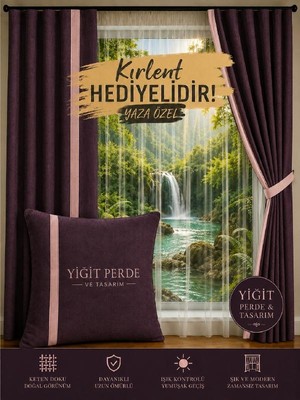 Karesi Mürdüm Rengi Pembe Biye Geçişli Kadife Dokulu Ekstraforlu Fon Perde (Ürün Kırlent Hediyelidir)