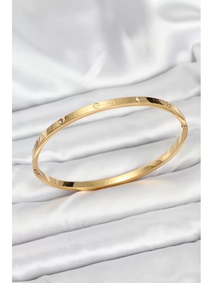 Aydogan's 316L Çelik Gold Renk Zirkon Taşlı 65 mm Ince Kadın Kelepçe Bileklik - TJ-BB7914