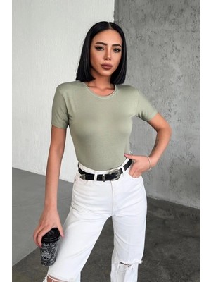MiraLive Rahat ve Şık Kısa Kollu Bisiklet Yaka Likralı Viskon Penye Body Haki