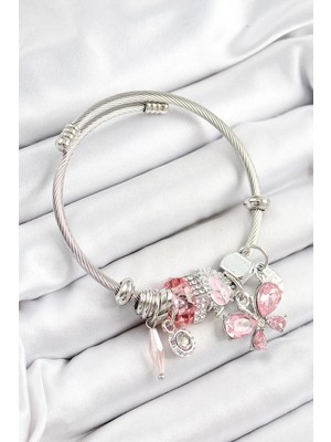 Aydogan's 316L Çelik Pembe Zirkon Taşlı Kelebek Model Gümüş Renk Charm Bileklik - TJ-BB7248