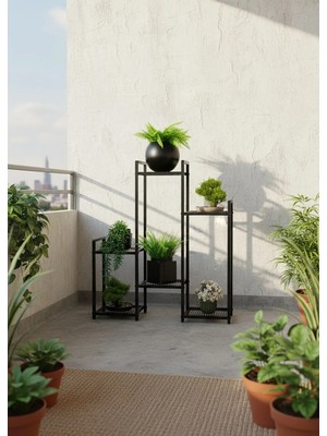 Uyan Ev Ürünleri Uyanevürünleri Garden 6 Raflı Metal Çiçeklik Ahşap Raflı Siyah Metal Saksılık