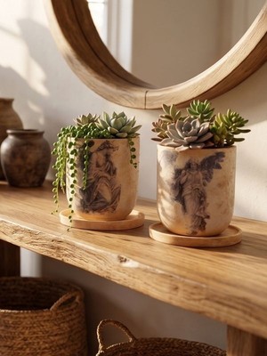 Çiçeva Melek Baskılı Retro Bohem Eskitme Drenajlı Saksı Seri