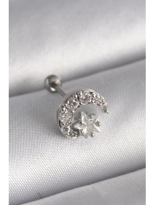 Aydogan's 316L Çelik Gümüş Renk Zirkon Taşlı Ay Yıldız Tragus Piercing - TJ-PR1257