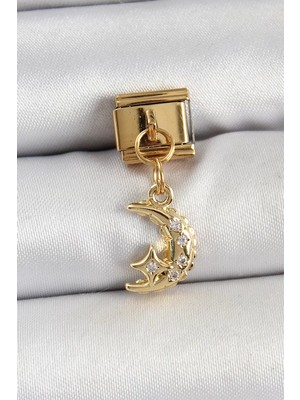 Aydogan's 316L Çelik Sallantılı Zirkon Taşlı Ay Model Gold Renk Nomination Charm - TJ-BC1431