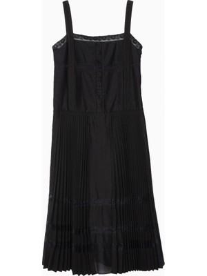 3.1 Phillip Lim Pliseli Dantel Detaylı Kare Yaka Lüks Tasarım Midi Kadın Elbise