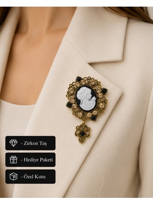 Herşey Nota Vintage Cameo Kadın Silüet Tasarımlı Taşlı Antik Görünümlü Zarif Broş