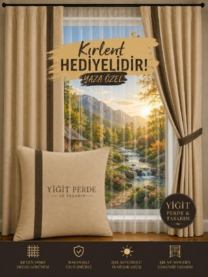 Yiğit Perde Tasarım Bej Rengi Kahverengi Biye Geçişli Kadife Dokulu Ekstraforlu Fon Perde