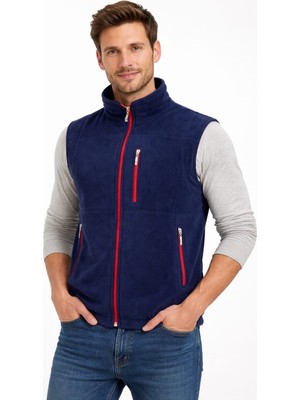 Bizim Terzi Dsnm Lacivert Kırmızı  Fermuarlı Polar Yelek 3 Cepli Slim Fit Anti Pilling Tüylenme Yapmaz Hava  Geçirmez Soft Shell Polar Yelek