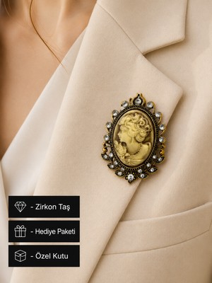 Herşey Nota Vintage Zarafet Kadın Silüetli Taş Işlemeli Antik Gold Broş Hediye