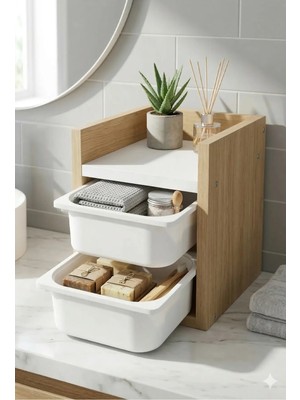 Peka 2 Sepetli Banyo Rafı – Modern Tasarımlı Çamaşır Makinesi Tezgah Üstü Organizer