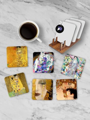 TeknoKapsül (PSTER21248) Gustav Klimt Temalı Standlı Ahşap Bardak Altlığı Seti, 6 Adet Baskılı Bardak Fincan Ka