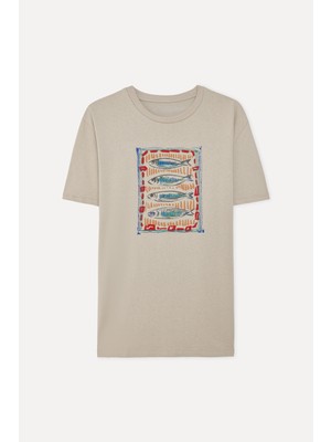 Mudo Erkek Bej Rengi Baskılı Comfort Fit Bisiklet Yaka T-Shirt