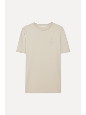Mudo Erkek Taş Rengi Nakışlı Bisiklet Yaka T-Shirt