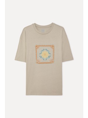 Mudo Erkek Bej Rengi Baskılı Oversize Bisiklet Yaka T-Shirt