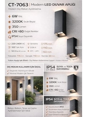 TeknoKapsül Cata CT-7063 LED Duvar Apliği 6W 3200K Beyaz IP54 Suya Dayanıklı Dış Mekan Yukarı Aşağı Aydı