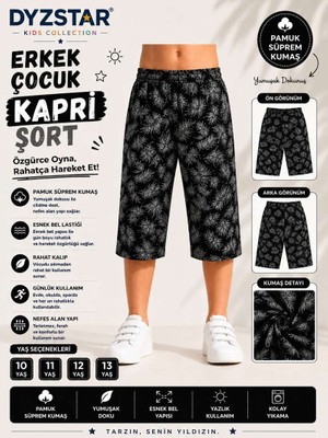 Dyzstar Erkek Çocuk Yaprak Desenli Kapri Şort Siyah Gri Yazlık Rahat Kalıp 10-11-12-13 Yaş