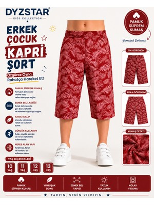 Dyzstar Erkek Çocuk Kırmızı Yaprak Desenli Kapri Şort Lastikli Bel Rahat Kalıp 10-11-12-13 Yaş