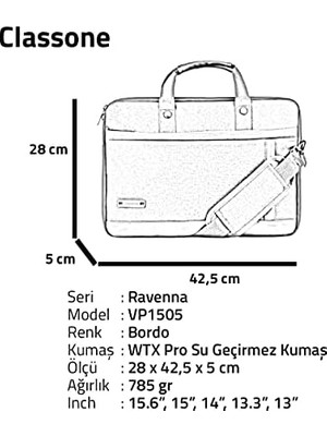 TeknoKapsül Ravenna VP1505 15,6" Su Geçirmez Kumaş Fermuar Notebook Laptop El Çantası-Bordo