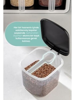 TeknoKapsül 6’lı Standlı Kaşıklı Baharatlık Seti – Duvara Tezgaha Uygun, 500 ml Kapasiteli, Etiketli Şeffaf