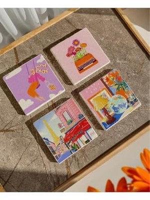 TeknoKapsül Renkli Desenli Doğal Taş Bardak Altlığı Seti, 4’lü