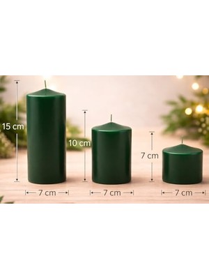 TeknoKapsül 3’lü Silindir Blok Mum Seti, Koyu Yeşil Dekoratif Sütun Mumlar, Içten Yanan Fitil, 7 cm Çap, 7, 10,