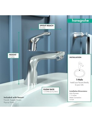 TeknoKapsül Focus Yükseltme Kolay Temizlik 1 Saplı 1 7" Uzun Banyo Lavabo Bataryası Krom, 04371000