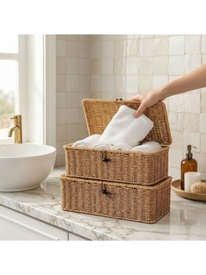 TeknoKapsül 3'lü Dekoratif Organizer Sepet Seti - Çok Amaçlı Hasır Düzenleyici - Banyo, Mutfak Dolap Içi