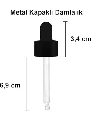 TeknoKapsül 50 ml Metal Kapaklı Damlalık Dropper Şişesi 50 cc Cam Şişe 6 Adet (Siyah Kapak, Şeffaf)