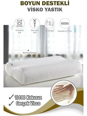 TeknoKapsül Ortopedik Visko Yastık Boyun Fıtığı Boyun Düzleşmesi Boyun Ağrısı Destekli Lüks Yastık,, Beyaz, Sta