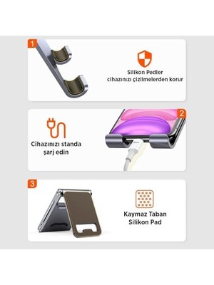 TeknoKapsül Alüminyum Katlanabilir Metal Masaüstü Telefon Tutucu Standı Gümüş
