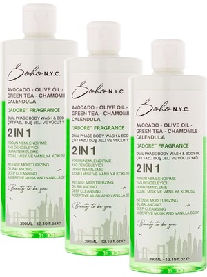 TeknoKapsül Soho N.y.c. Vegan Çift Fazlı Duş Jeli Yoğun Nemlendiricili Vücut Yağı-Jadore 390 ml (3 Paketi)