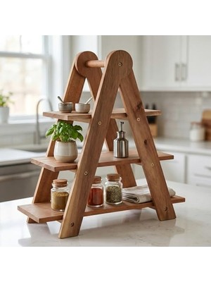 TeknoKapsül Doğal Akasya Ahşap 3 Katlı Sunum Standı - 37X12.3X37.5 cm Çok Amaçlı Katlı Servis Tepsisi, Kurabiye