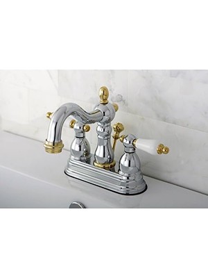 TeknoKapsül KB1604PL 4 Inç Lavabo Bataryası Porselen Kol Saplı, Parlak Krom Parlak Pirinç