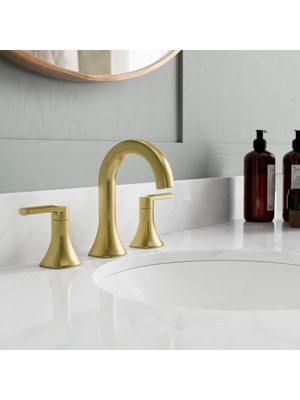TeknoKapsül Vaneri Banyo Lavabo Bataryası, 20 cm Yaygın, 2 Saplı, 3 Delikli, Fırçalanmış Altın Kaplama, LF049VR