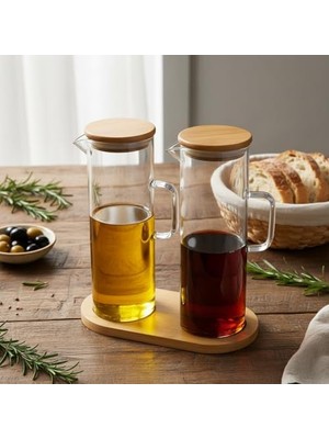 TeknoKapsül 2'li Şeffaf Cam Yağdanlık Sirkelik Seti - Bambu Kapaklı Özel Standlı Masaüstü Yağlık (190 Ml)