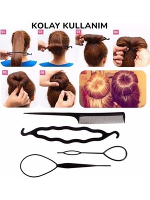 TeknoKapsül 5’li Karışık Siyah Renk Saç Örme Topuz Tokası Seti, Kadın Çocuk Mandal Lastik Toka Seti, Kız Çoc