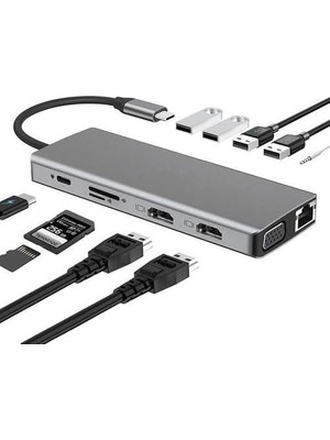 TeknoKapsül 12IN1 Station 2 Adet HDMI Uyumlu 1000 Mbps 4K USB C Adaptörü USB 3.0 VGA Pd Için Tipi C Docking