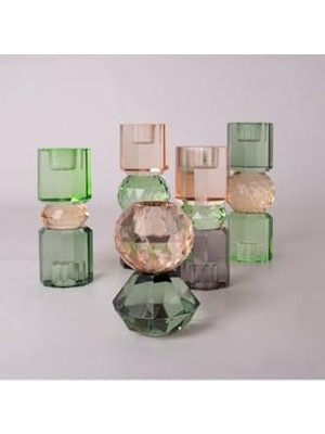 TeknoKapsül Kristal Mum Tutucu, Yeşil-Şeftali-Zeytin - 15X5,5 cm