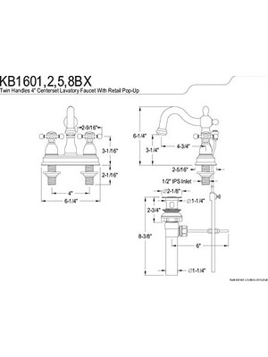 TeknoKapsül KB1602BX 4 "metal Çapraz Saplı Lavabo Bataryası, Parlak Pirinç