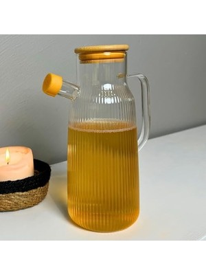 TeknoKapsül Borosilikat Cam Yağdanlık 1000 ml Bambu Kapaklı Sürahisi, Sirke Kabı