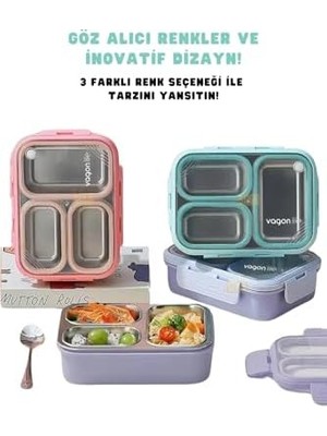 TeknoKapsül Bento 620ML Lunchbox Tek Katlı 3 Bölmeli Çelik Sefer Tası Yemek Kutusu (Turkuaz)