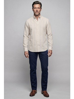 Bisse Lacivert Regular Fit Keten Uzun Gömlek GMKTN261081_C39