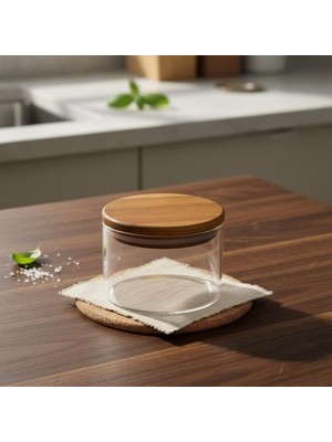 TeknoKapsül Doğal Akasya Ahşap Kapaklı Borosilikat Cam Saklama Kabı - 200 ml Vakumlu Kare Baharatlık Küçük B