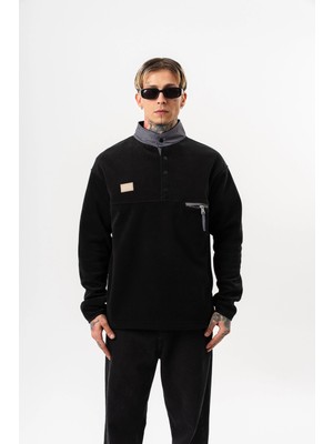 Respire Erkek Düğme Detaylı Oversize Polar Sweatshirt Siyah