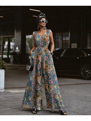 Defy Moda Kadın Askılı Kare Yakalı Desenli Kemersiz Uzun Süprem Tulum