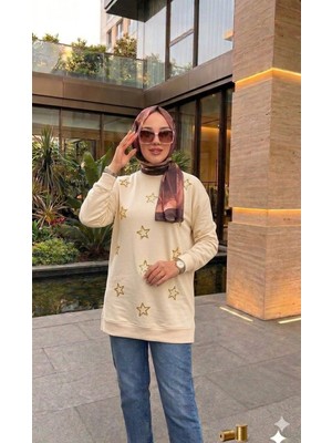 Yıldız Detaylı Pul ve Nakış Işlemeli Tesettür Sweatshirt